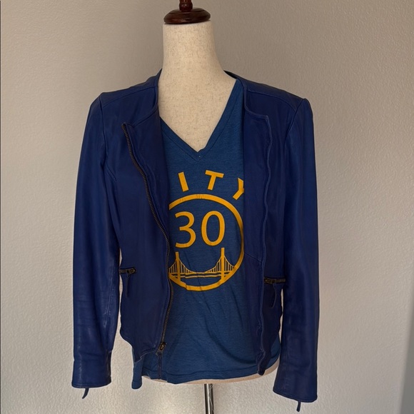 Lucky Brand Jackets & Blazers - Lucky Brand Blue Leather Jacket with V-Neck and Graphic Design